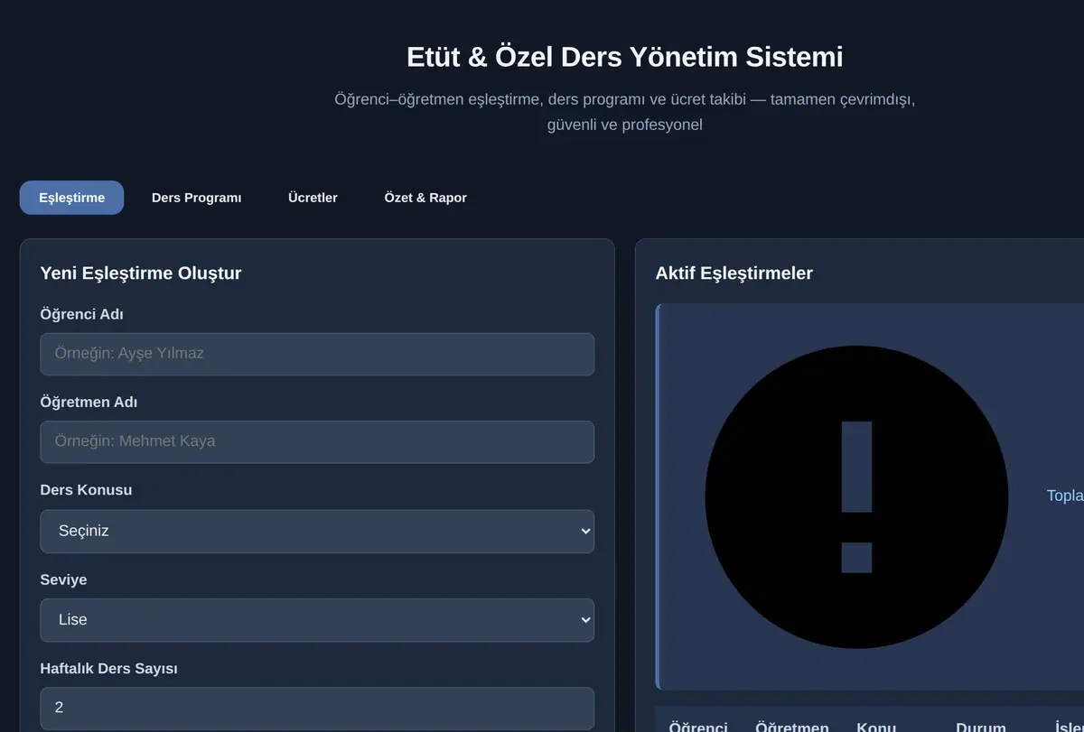 Etüt & Özel Ders Yönetim Sistemi ekran görüntüsü