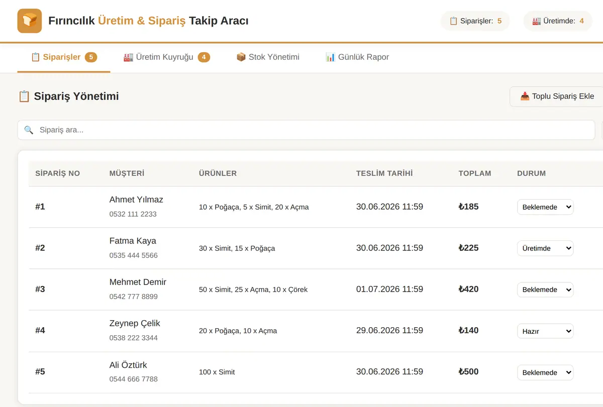 Fırıncılık Üretim & Sipariş Takip Aracı ekran görüntüsü