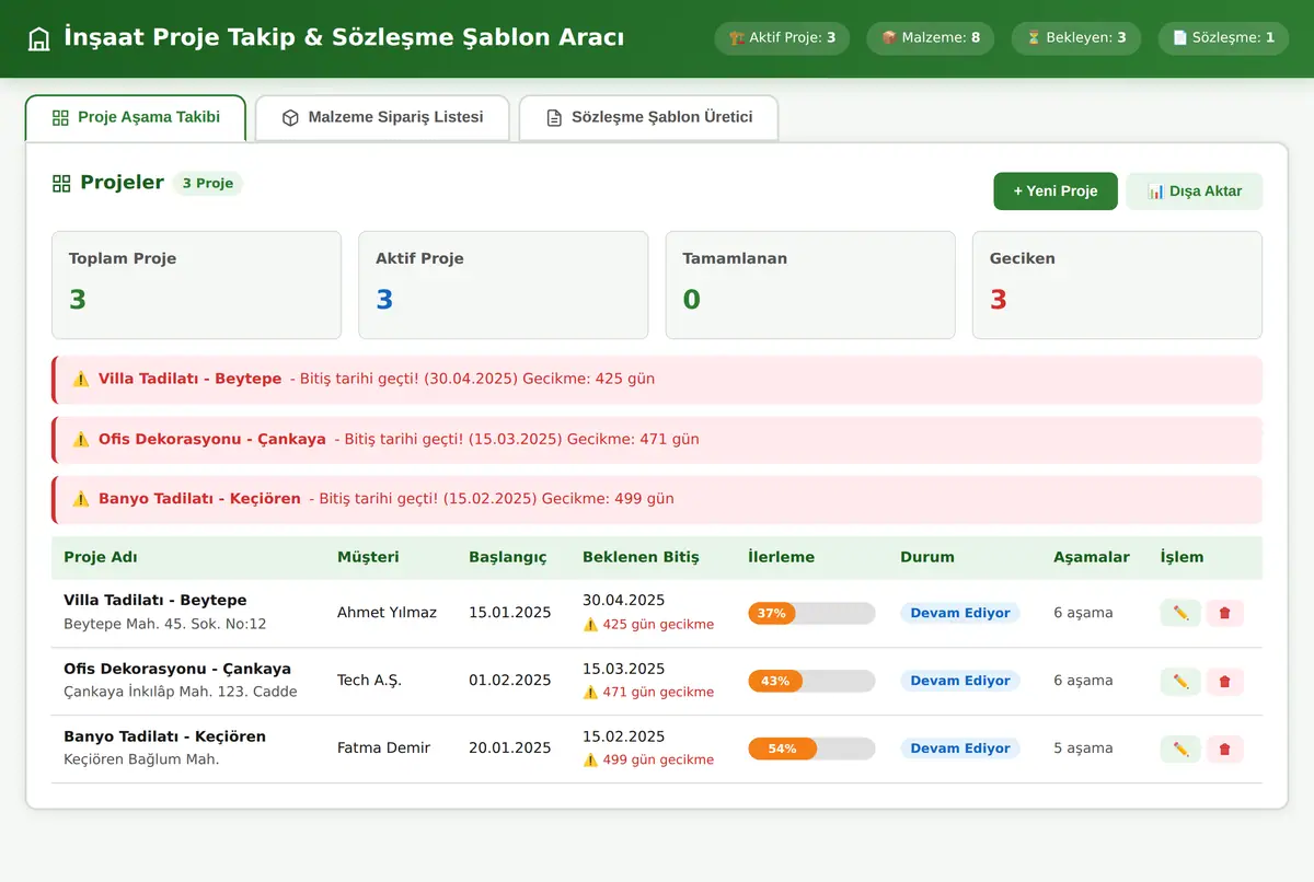 İnşaat Proje Takip & Sözleşme Şablon Aracı ekran görüntüsü 2
