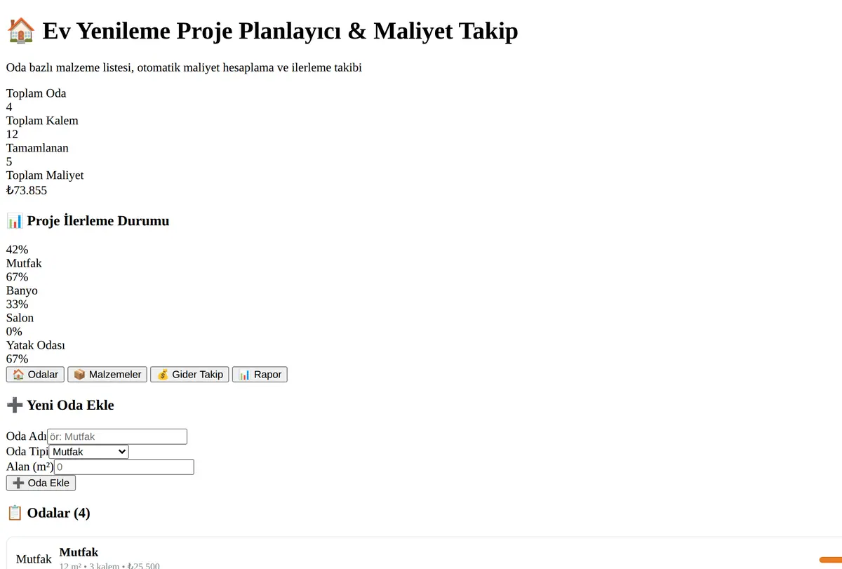 Ev Yenileme Proje Planlayıcı & Maliyet Takip ekran görüntüsü