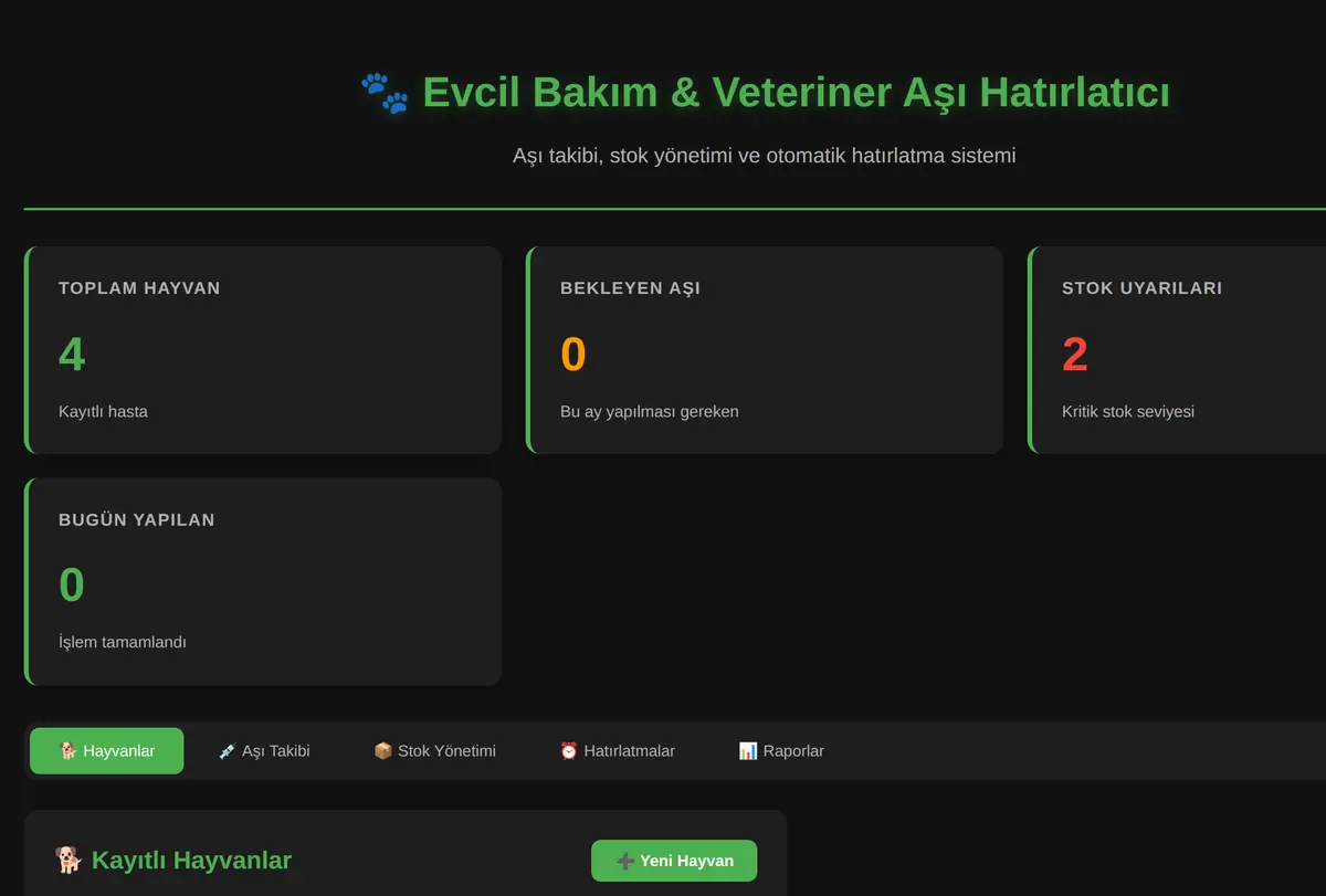 Evcil Bakım & Veteriner Aşı Hatırlatıcı Stok Takip ekran görüntüsü