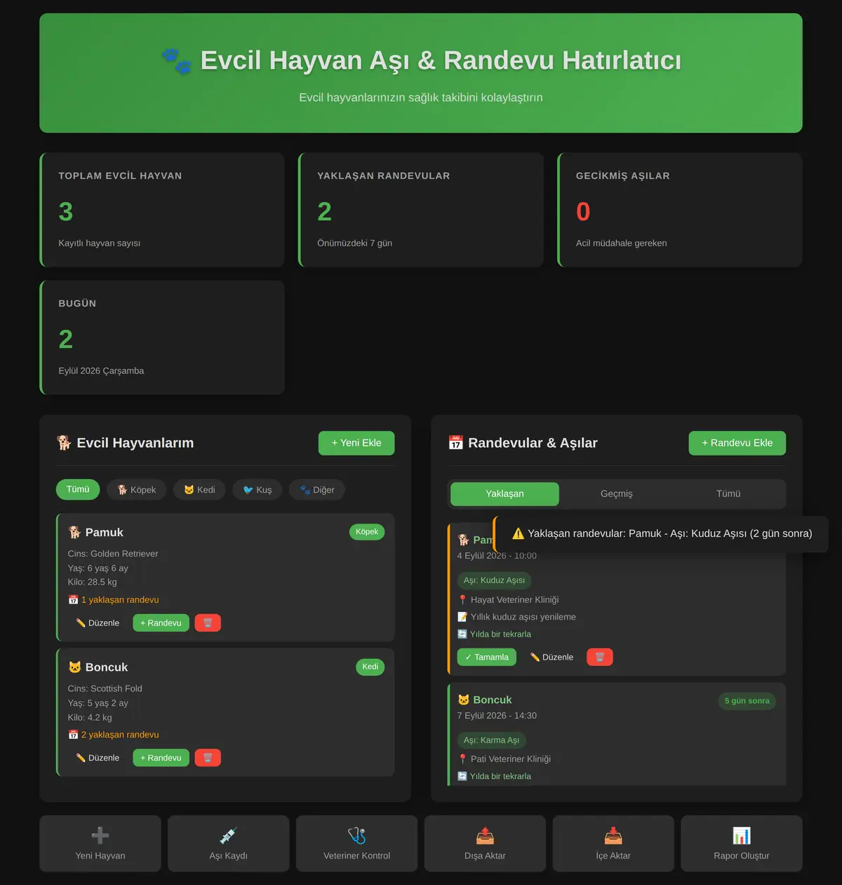 Evcil Hayvan Aşı & Randevu Hatırlatıcı ekran görüntüsü 3