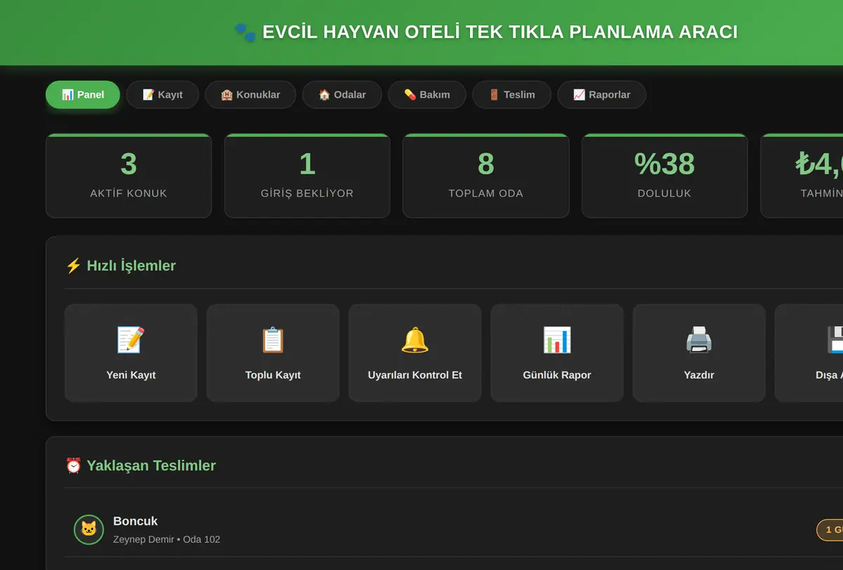 Evcil Hayvan Oteli Tek Tıkla Planlama Aracı ekran görüntüsü