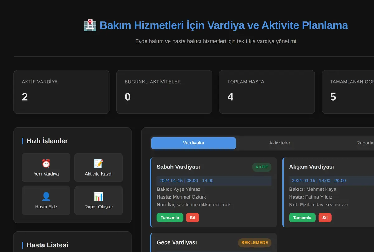 Bakım Hizmetleri İçin Vardiya ve Aktivite Planlama ekran görüntüsü