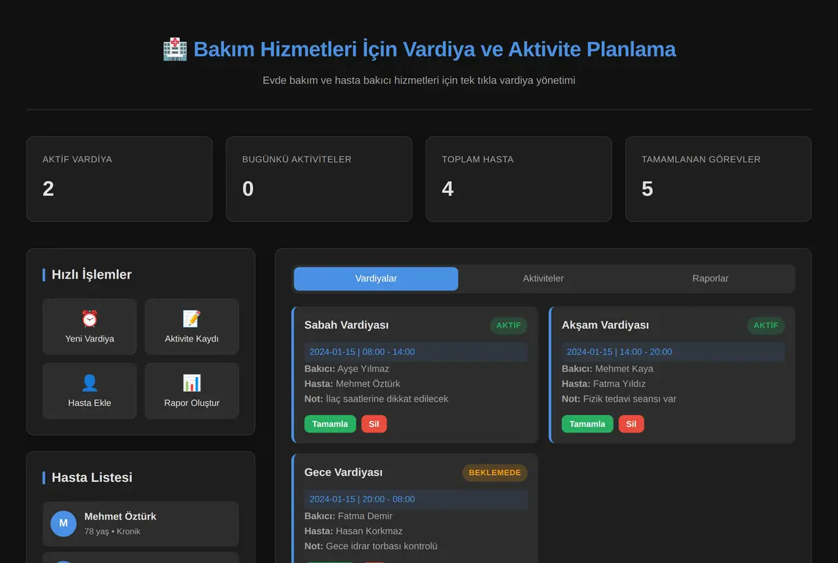 Bakım Hizmetleri İçin Vardiya ve Aktivite Planlama ekran görüntüsü 2