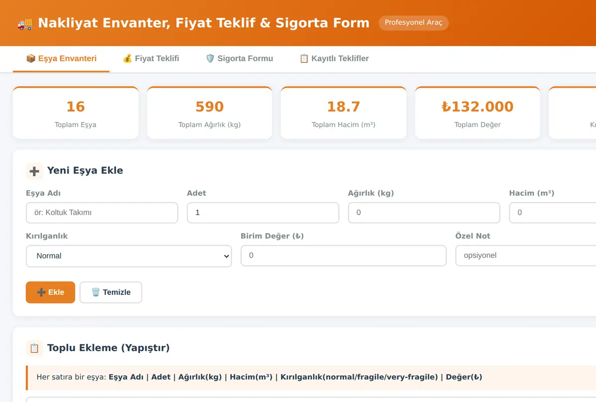 Nakliyat Envanter, Fiyat Teklif & Sigorta Form ekran görüntüsü