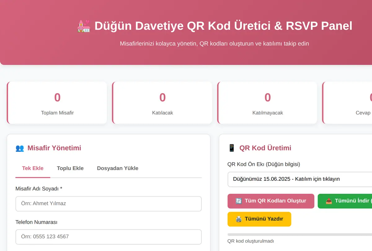 Düğün Davetiye QR Kod Üretici & RSVP Panel ekran görüntüsü