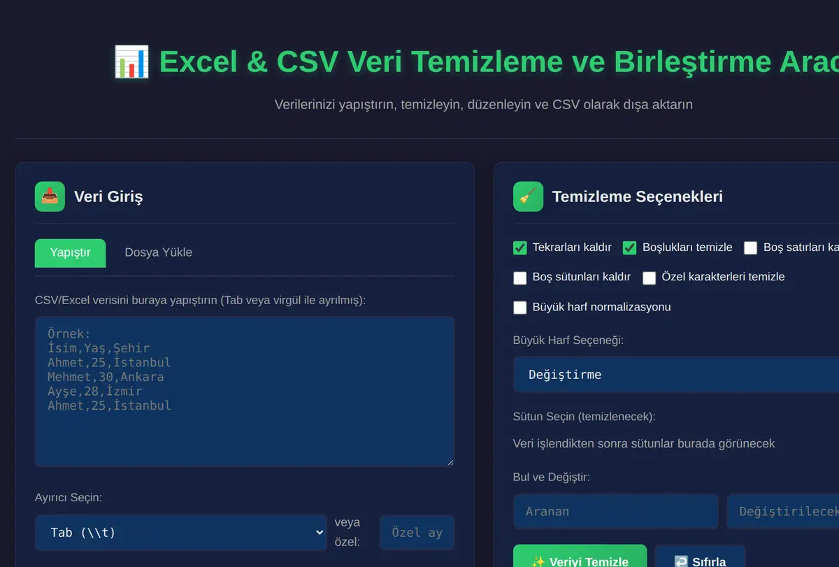 Excel & CSV Veri Temizleme ve Birleştirme Aracı ekran görüntüsü