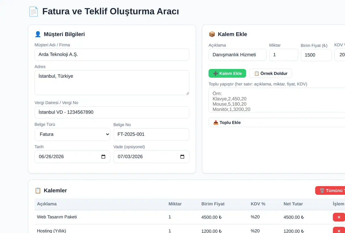 Fatura ve Teklif Oluşturma Aracı ekran görüntüsü