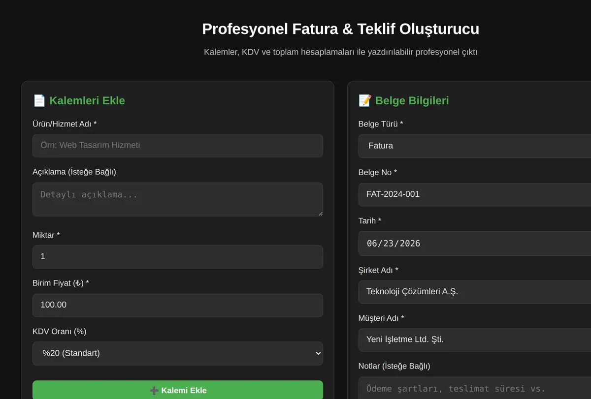Profesyonel Fatura & Teklif Oluşturucu ekran görüntüsü