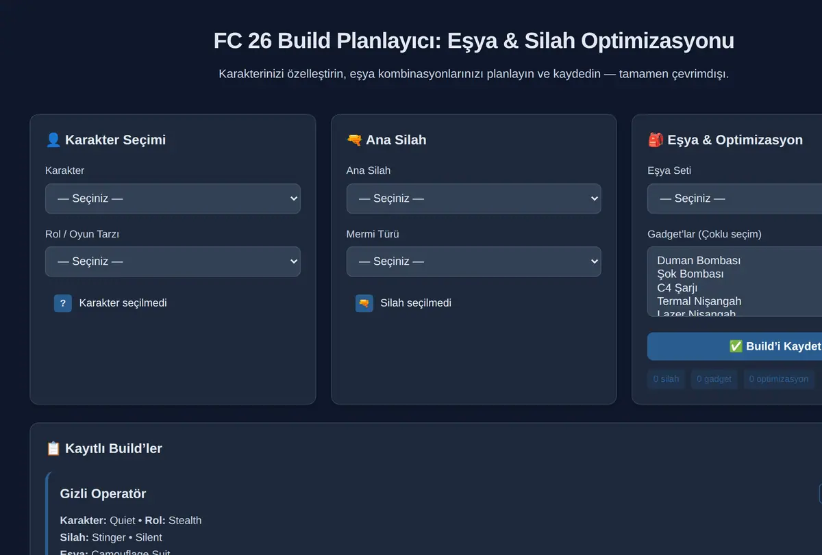 FC 26 Build Planlayıcı: Eşya & Silah Optimizasyonu ekran görüntüsü