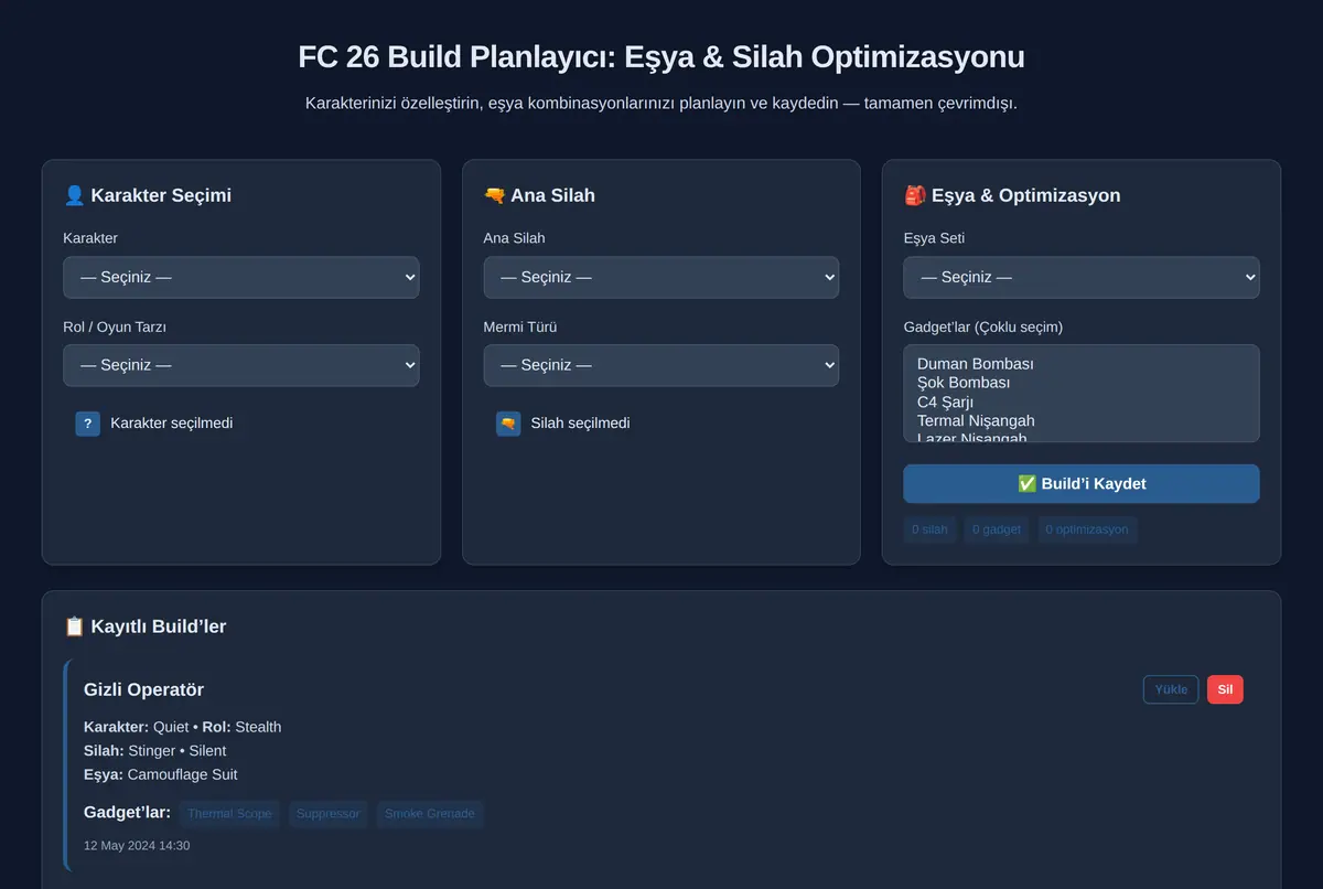 FC 26 Build Planlayıcı: Eşya & Silah Optimizasyonu ekran görüntüsü 2