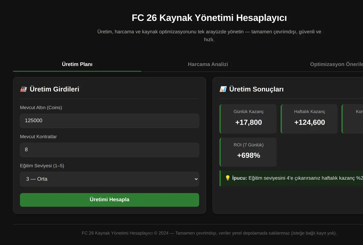 FC 26 Kaynak Yönetimi Hesaplayıcı ekran görüntüsü