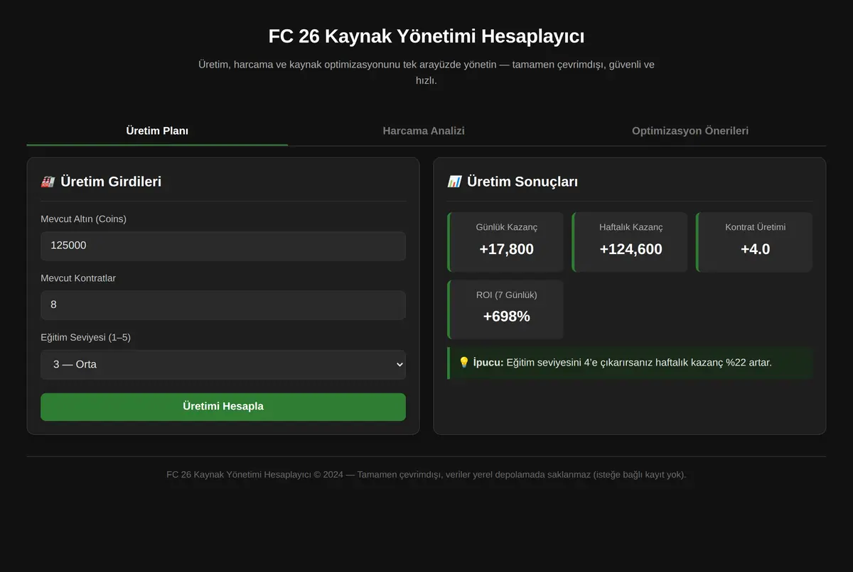 FC 26 Kaynak Yönetimi Hesaplayıcı ekran görüntüsü 2