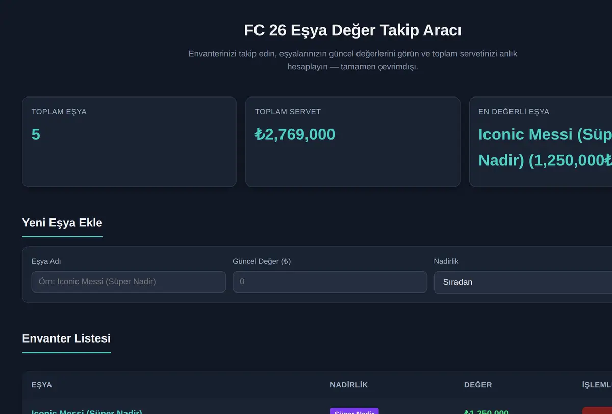 FC 26 Eşya Değer Takip Aracı ekran görüntüsü