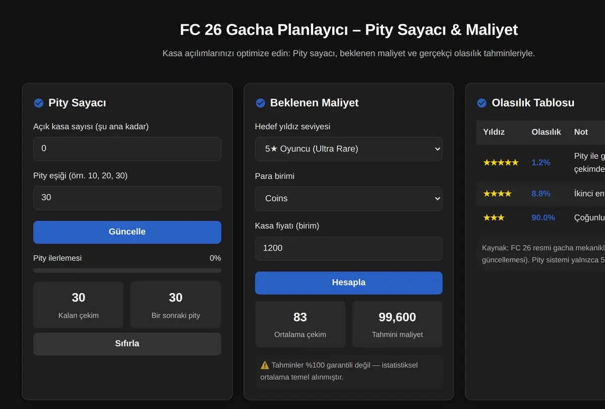 FC 26 Gacha Planlayıcı - Pity Sayacı & Maliyet ekran görüntüsü