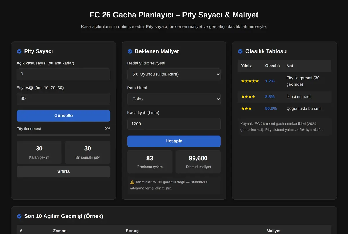 FC 26 Gacha Planlayıcı - Pity Sayacı & Maliyet ekran görüntüsü 2