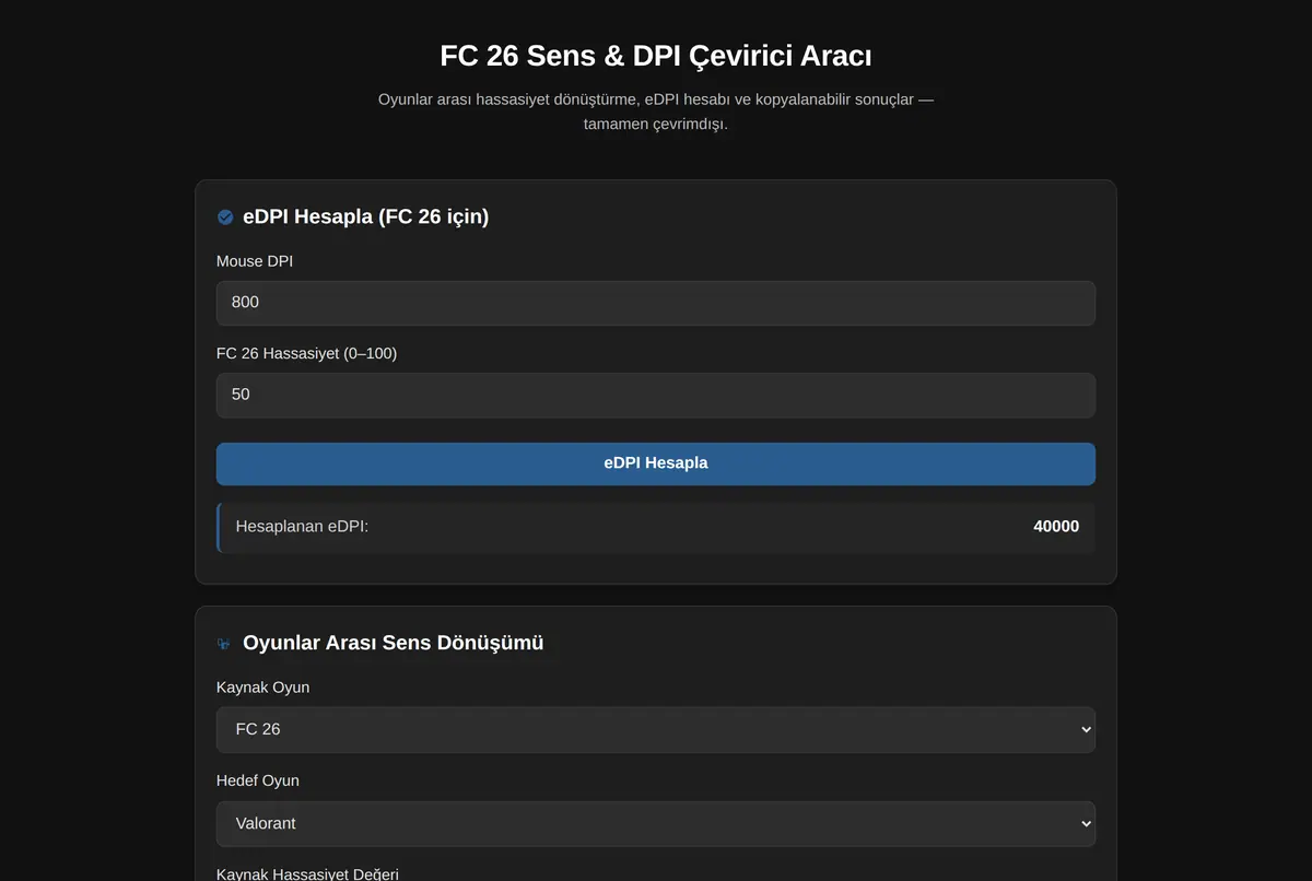 FC 26 Sens & DPI Çevirici Aracı ekran görüntüsü 2