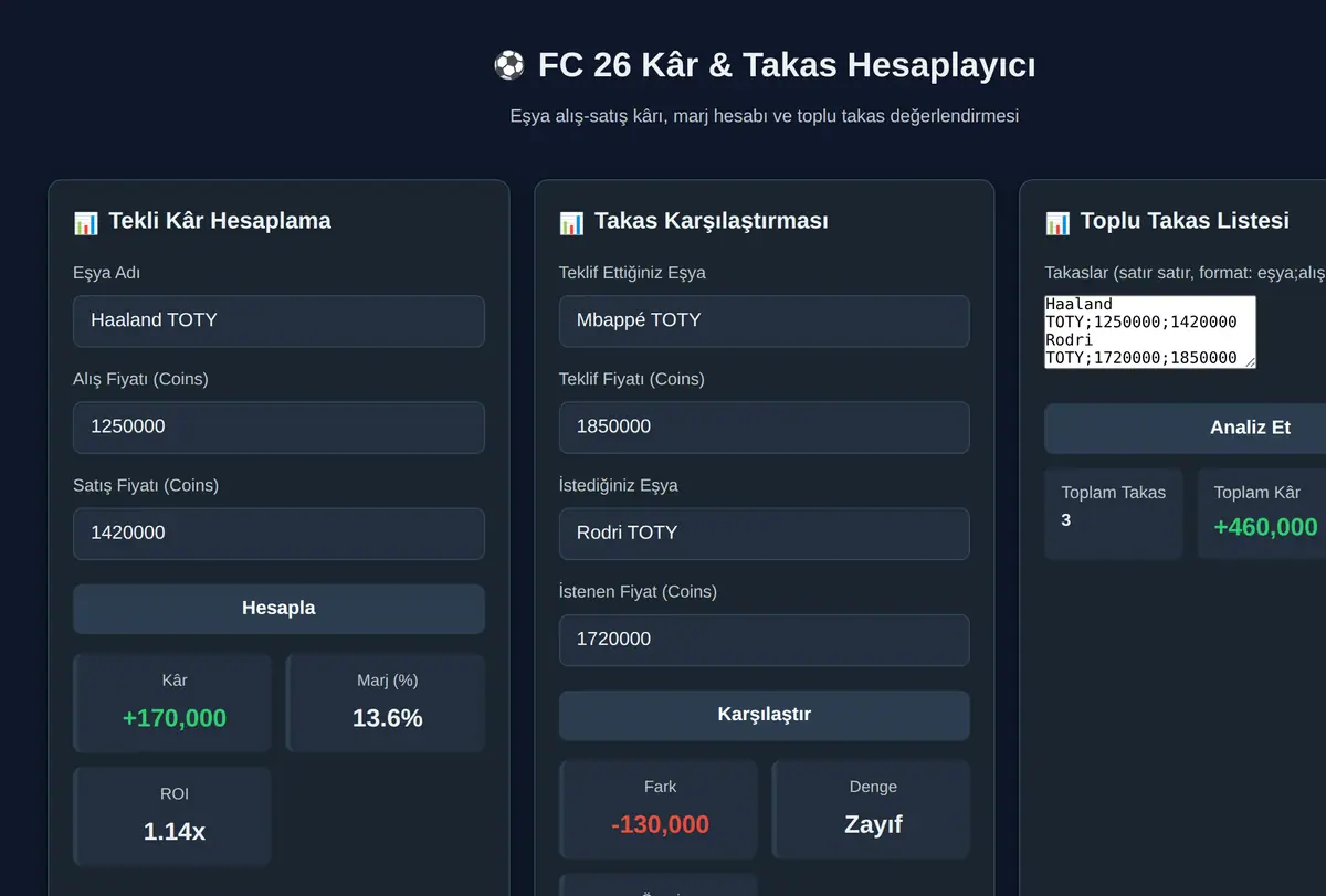 FC 26 Kâr & Takas Hesaplayıcı ekran görüntüsü