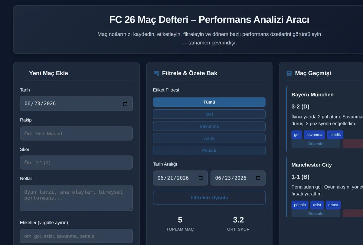FC 26 Maç Defteri - Performans Analizi Aracı ekran görüntüsü