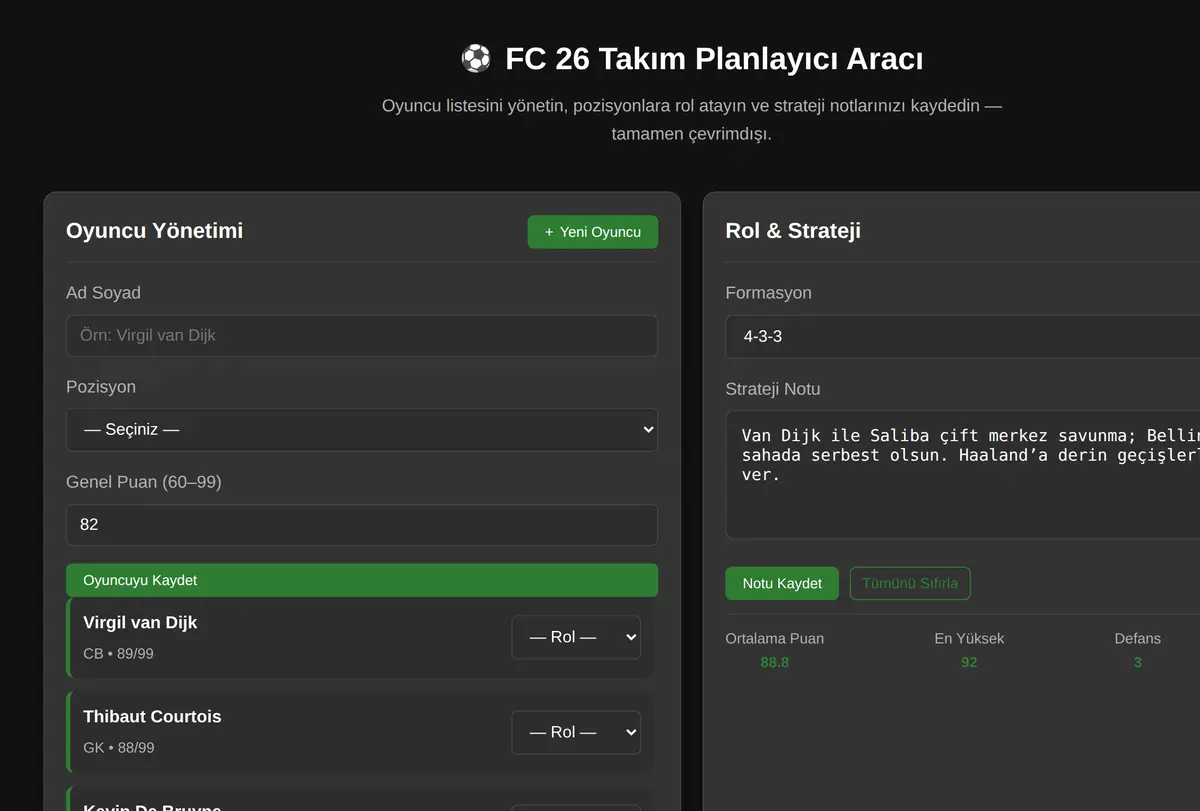 FC 26 Takım Planlayıcı Aracı ekran görüntüsü