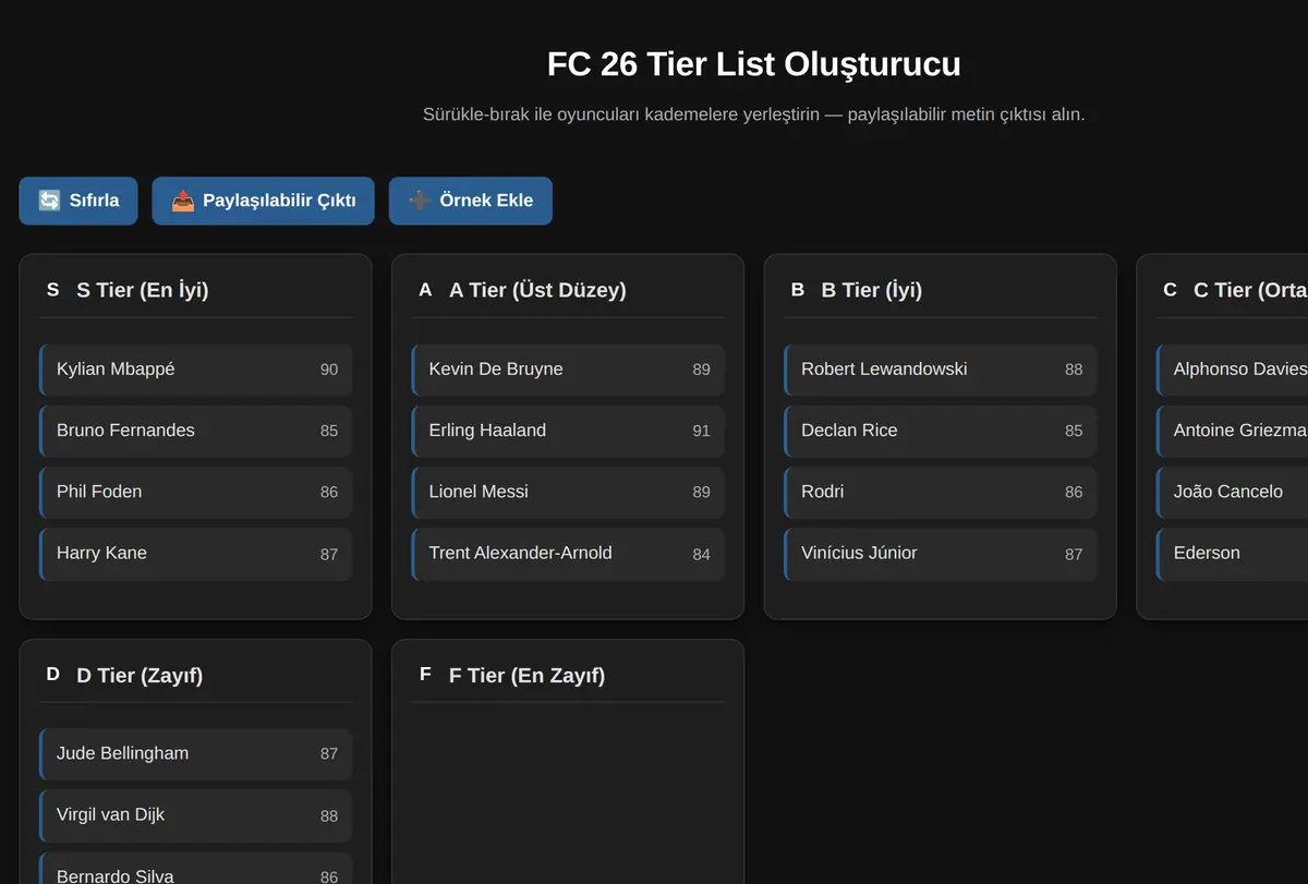 FC 26 Tier List Oluşturucu ekran görüntüsü