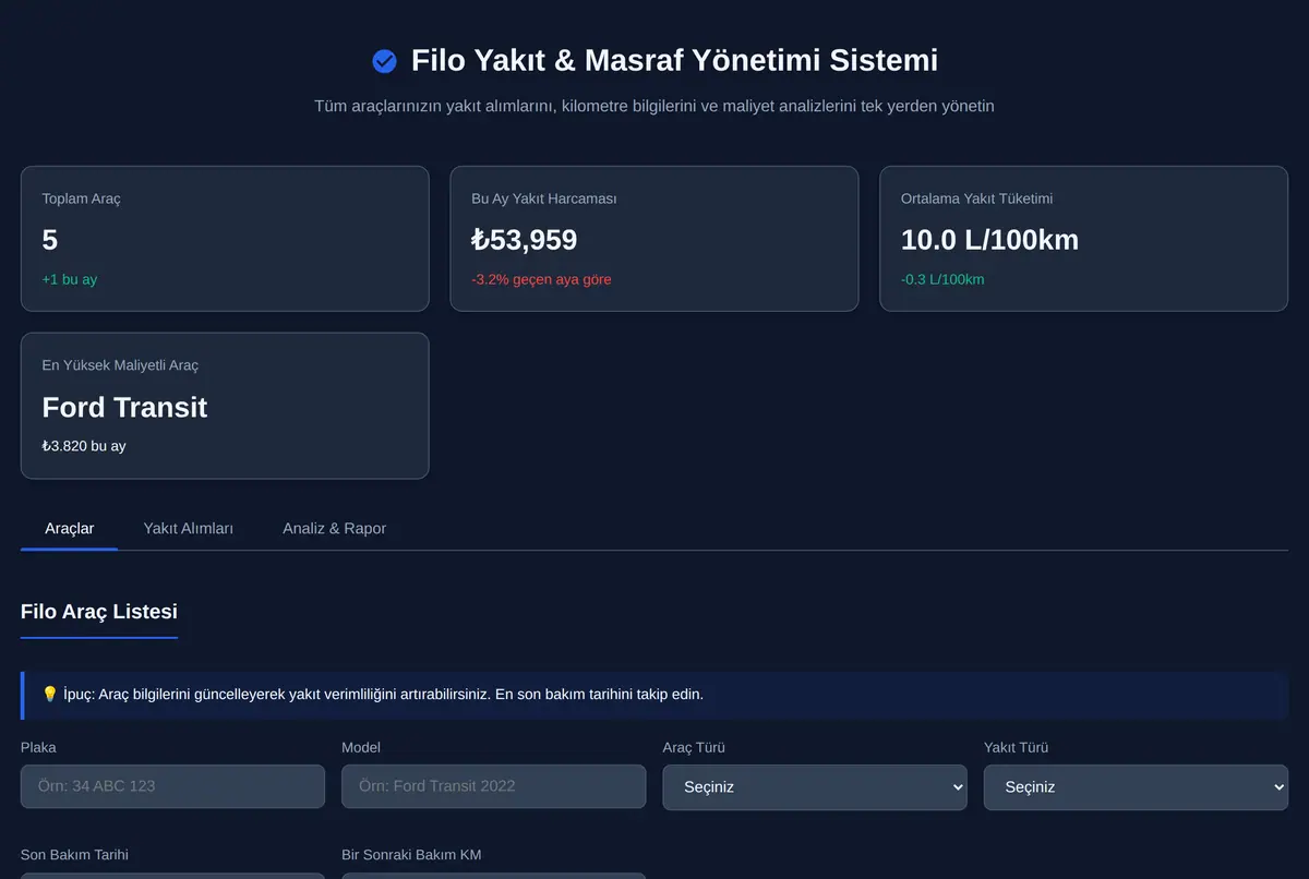 Filo Yakıt ve Masraf Yönetimi Aracı ekran görüntüsü 2