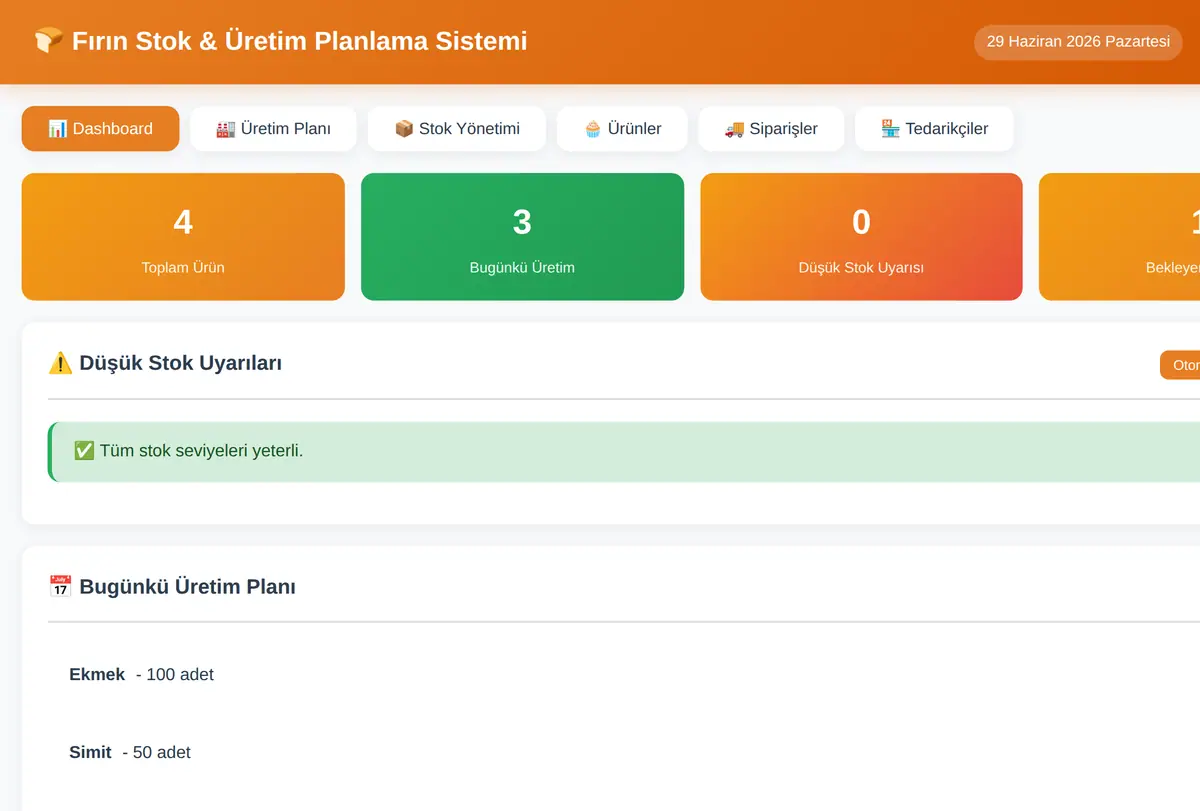Fırın Stok & Üretim Planlama Sistemi ekran görüntüsü