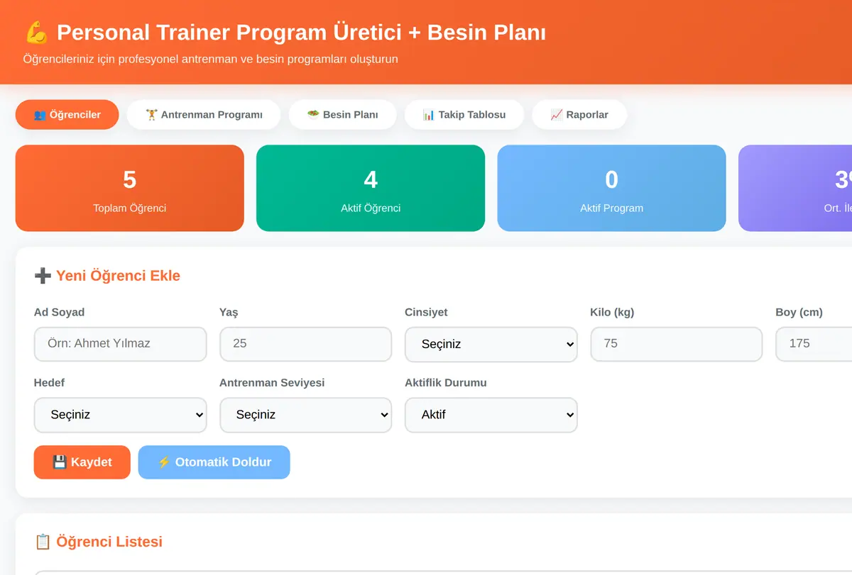 Personal Trainer Program Üretici + Besin Planı ekran görüntüsü