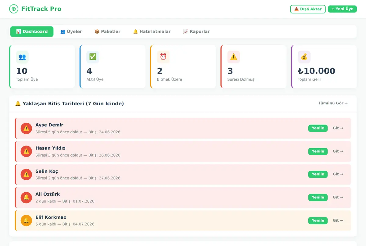 FitTrack Pro - Üyelik Takip ve Hatırlatma Aracı ekran görüntüsü 2