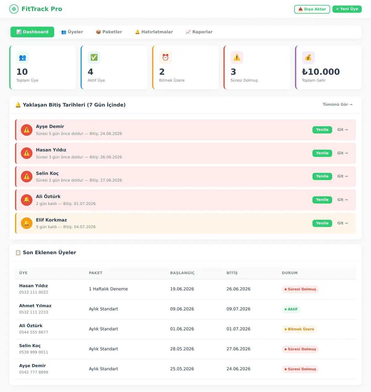 FitTrack Pro - Üyelik Takip ve Hatırlatma Aracı ekran görüntüsü 3