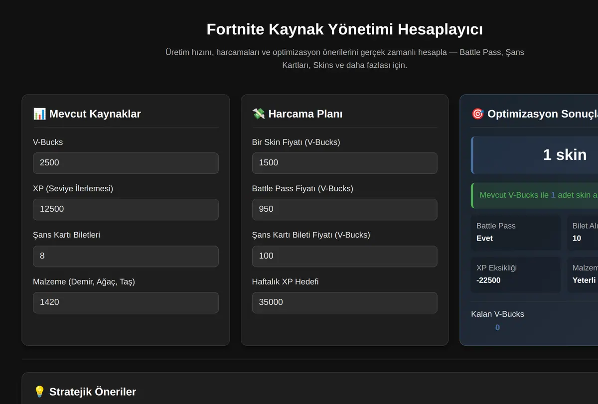 Fortnite Kaynak Yönetimi Hesaplayıcı ekran görüntüsü