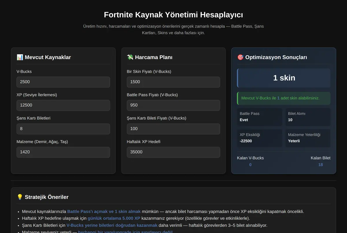 Fortnite Kaynak Yönetimi Hesaplayıcı ekran görüntüsü 2