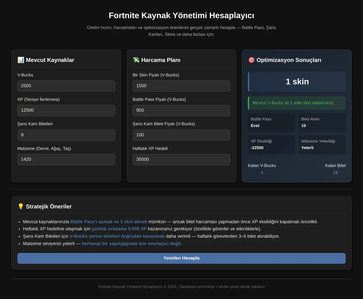 Fortnite Kaynak Yönetimi Hesaplayıcı ekran görüntüsü 3
