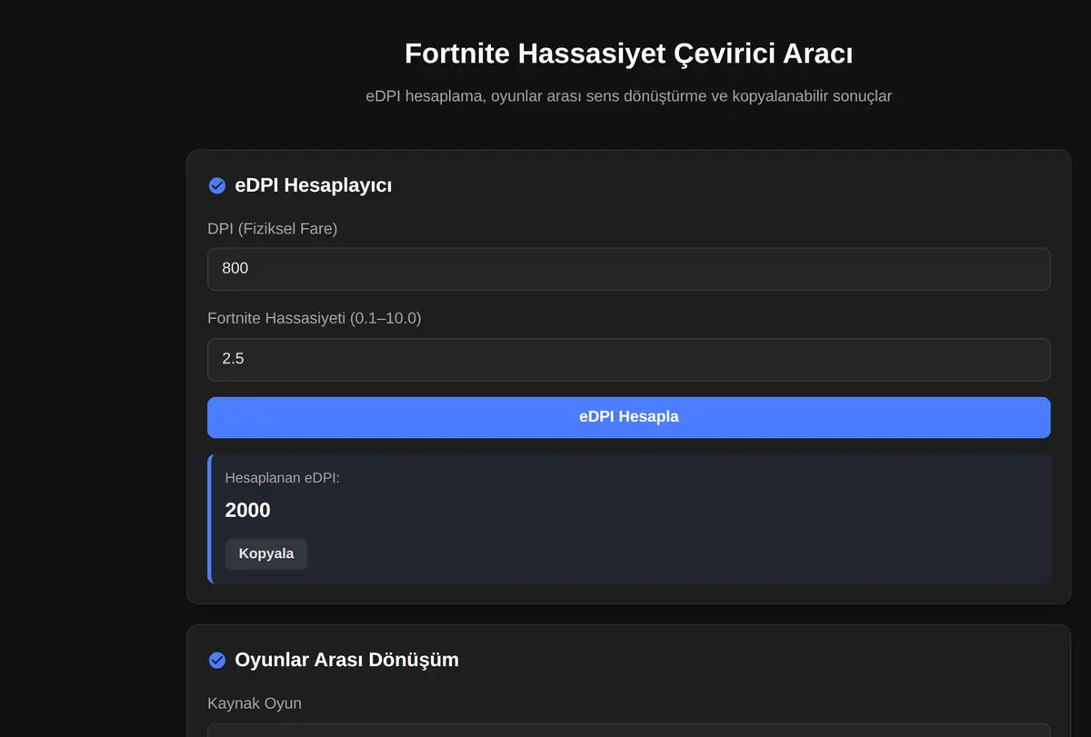 Fortnite Hassasiyet Çevirici Aracı ekran görüntüsü