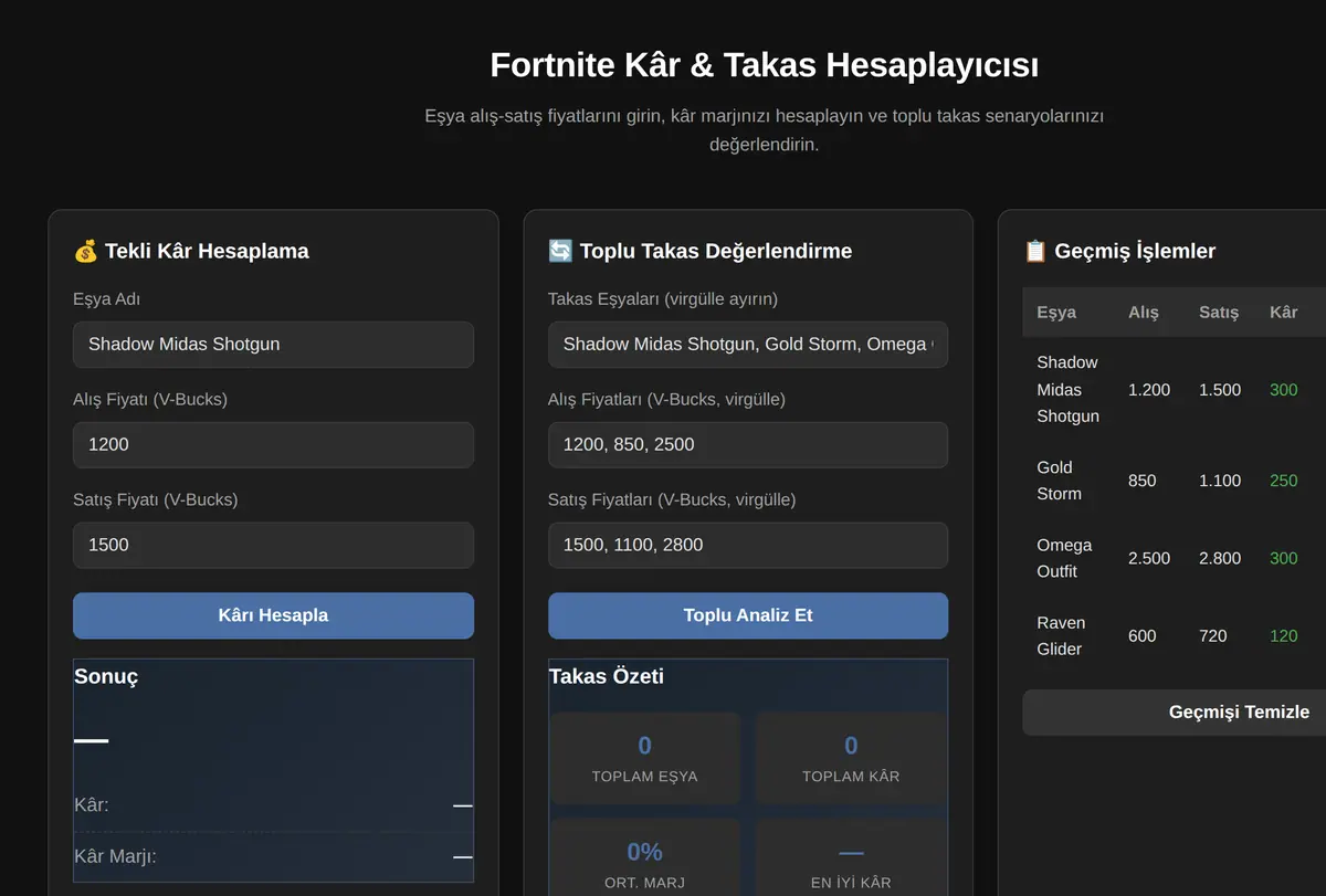 Fortnite Kâr & Takas Hesaplayıcısı ekran görüntüsü