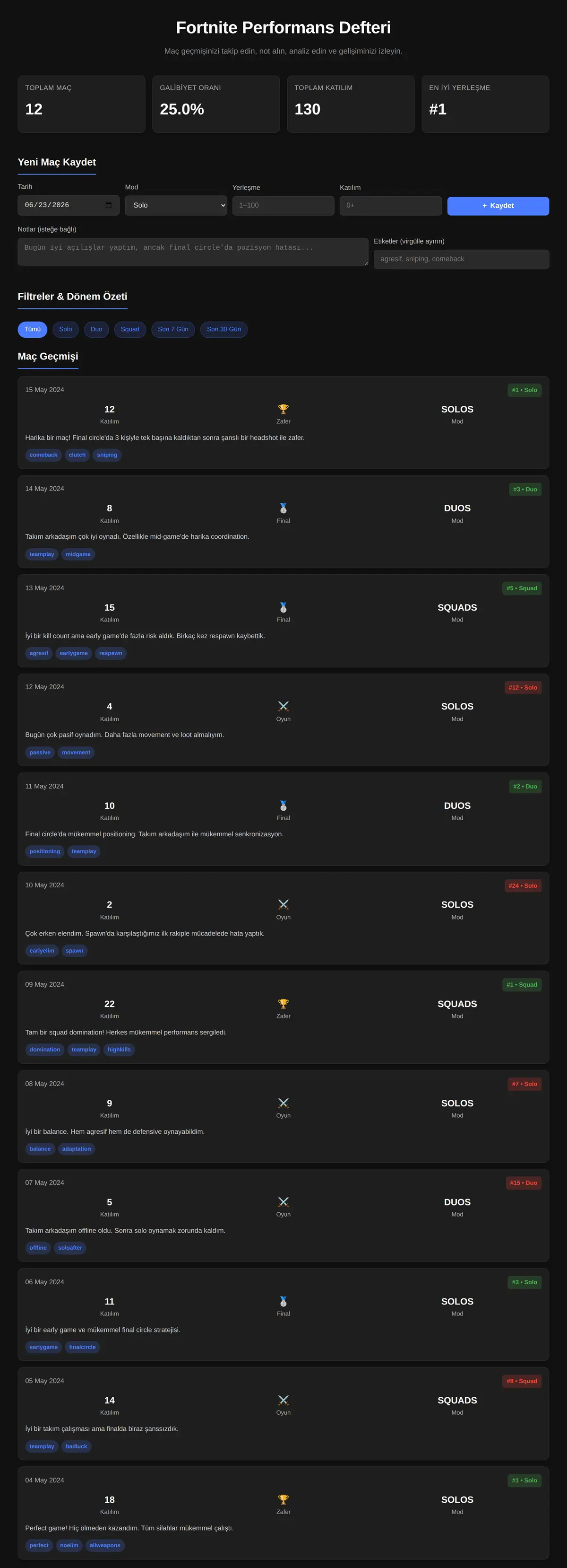 Fortnite Performans Defteri ekran görüntüsü 3