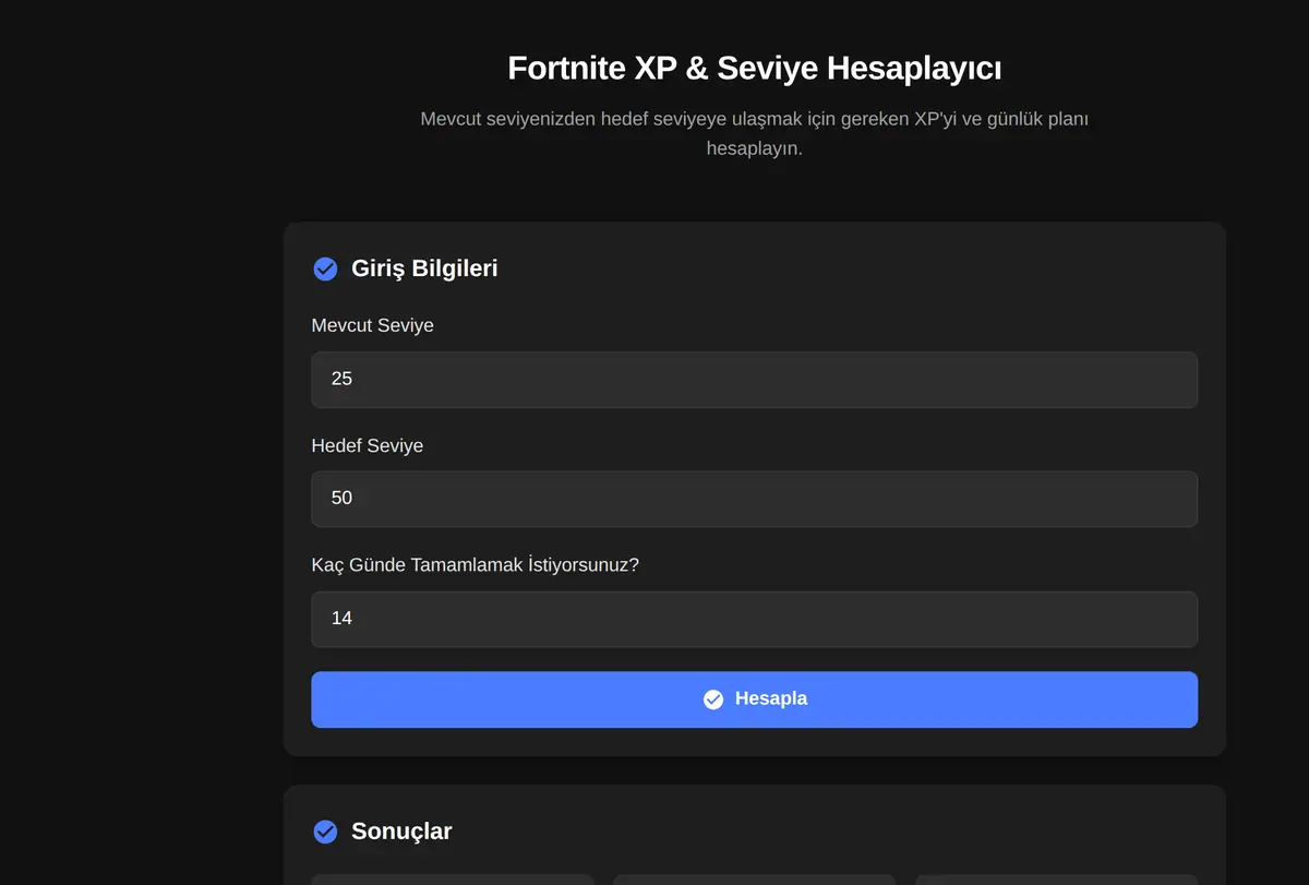 Fortnite XP & Seviye Hesaplayıcı ekran görüntüsü
