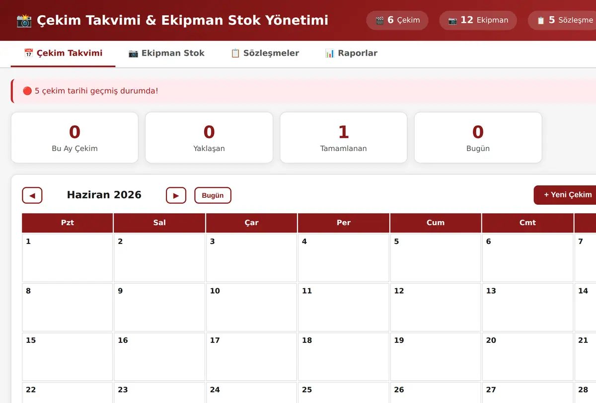 Çekim Takvimi & Ekipman Stok Yönetimi ekran görüntüsü