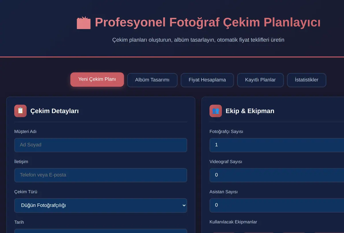 Profesyonel Fotoğraf Çekim Planlayıcı ekran görüntüsü