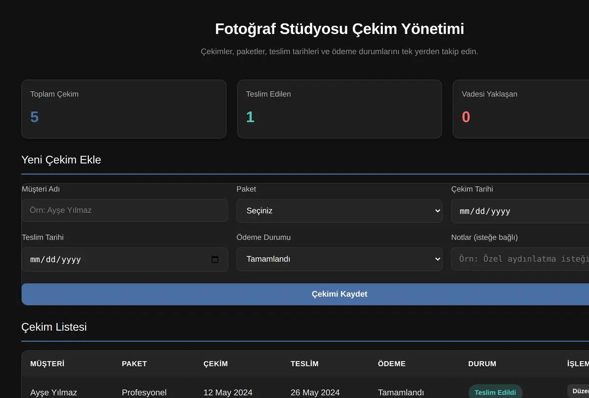 Fotoğraf Stüdyosu Envantır Yönetimi ekran görüntüsü