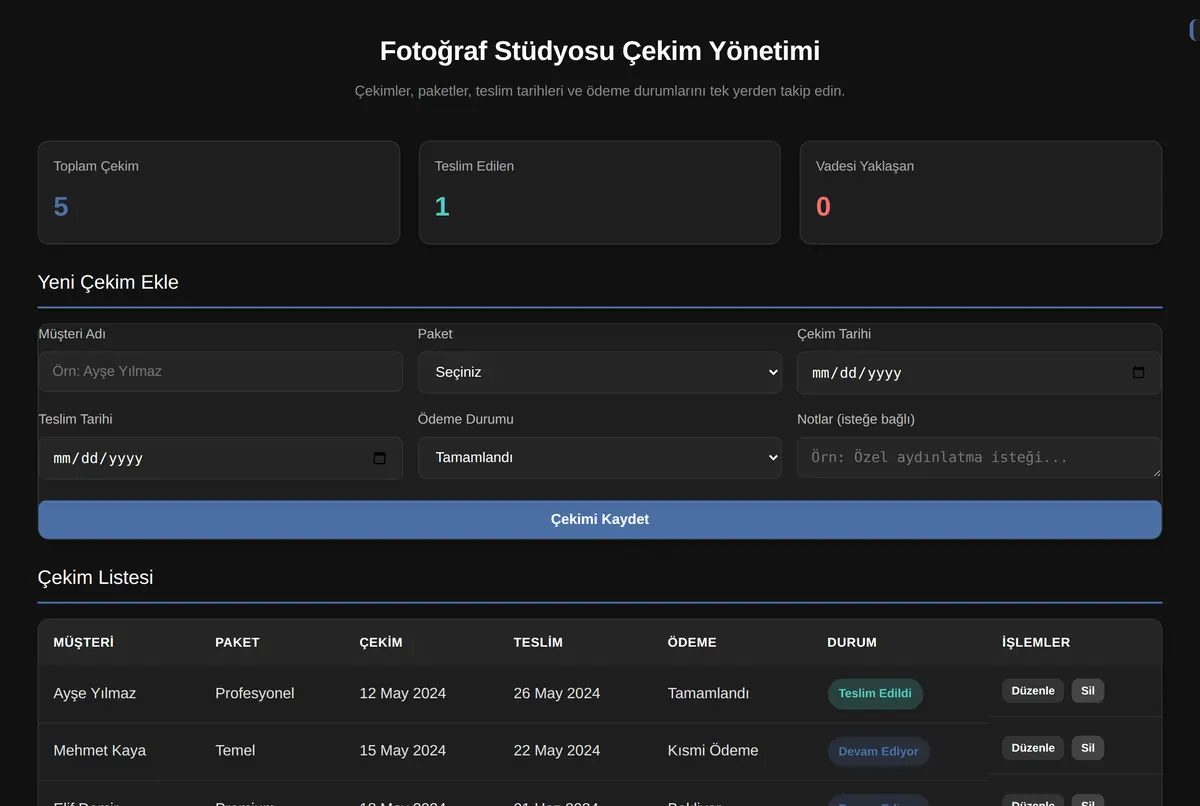 Fotoğraf Stüdyosu Envantır Yönetimi ekran görüntüsü 2