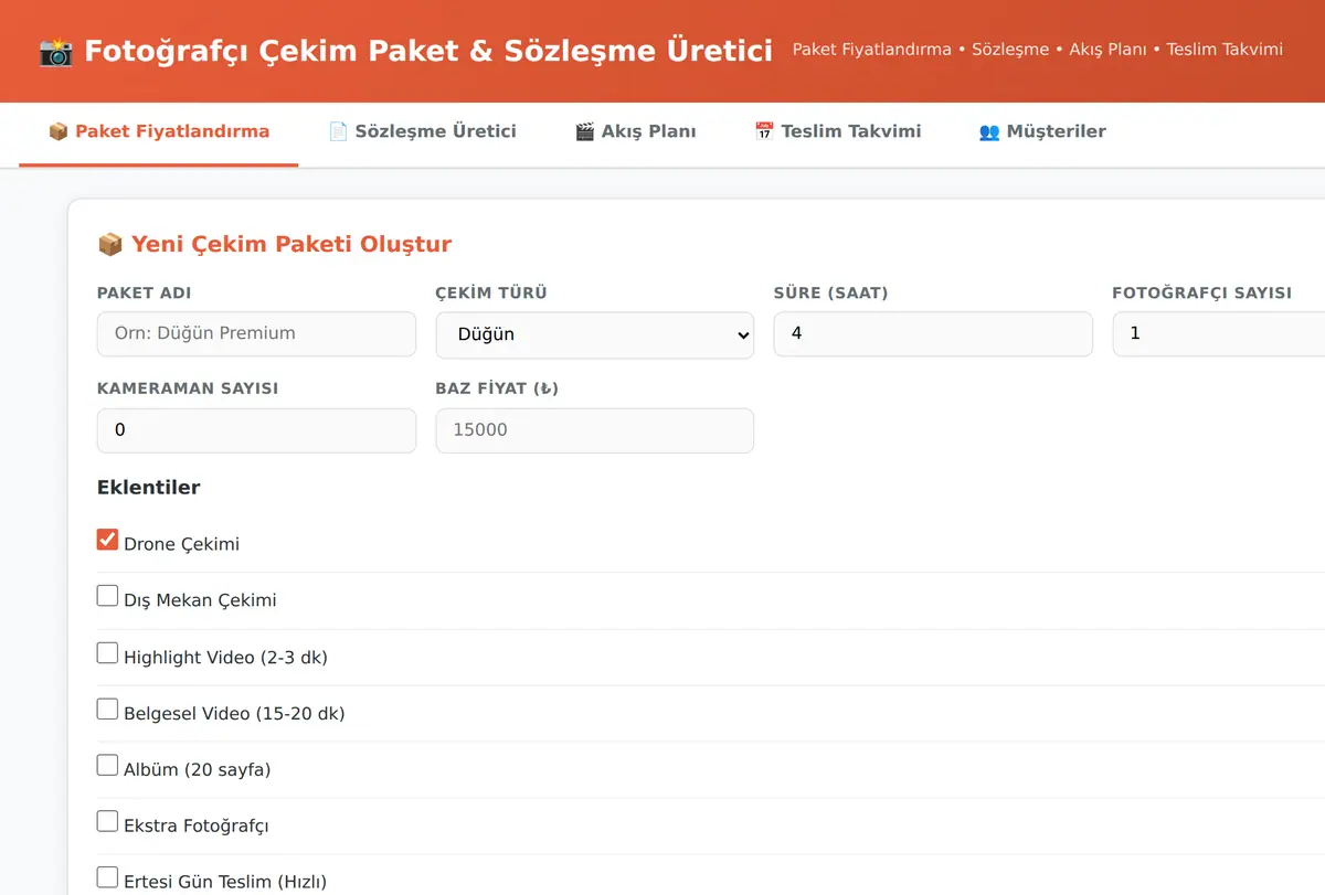 Fotoğrafçı Çekim Paket & Sözleşme Üretici Araç ekran görüntüsü