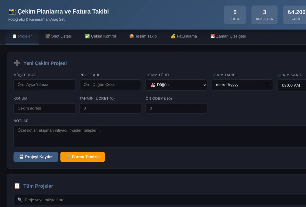 Fotoğrafçılar İçin Çekim Planlama ve Fatura Takibi ekran görüntüsü