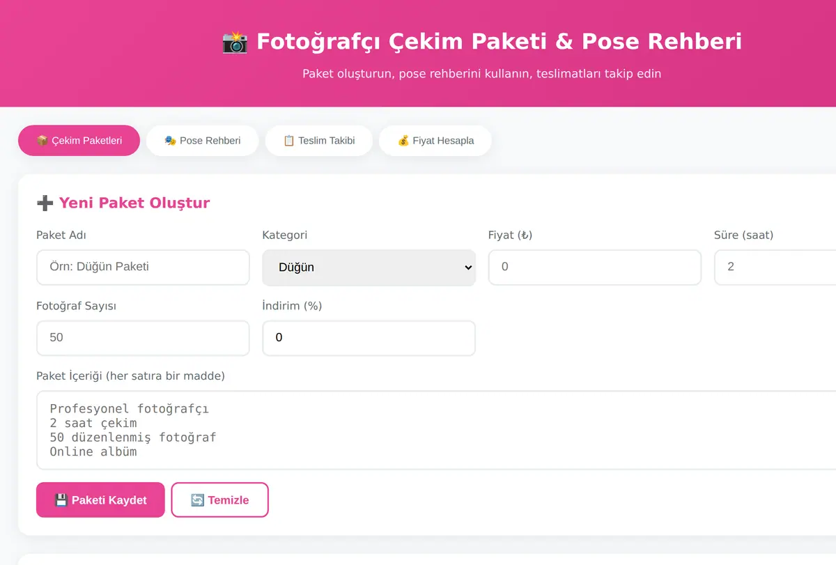 Fotoğrafçı Çekim Paketi & Pose Rehberi ekran görüntüsü