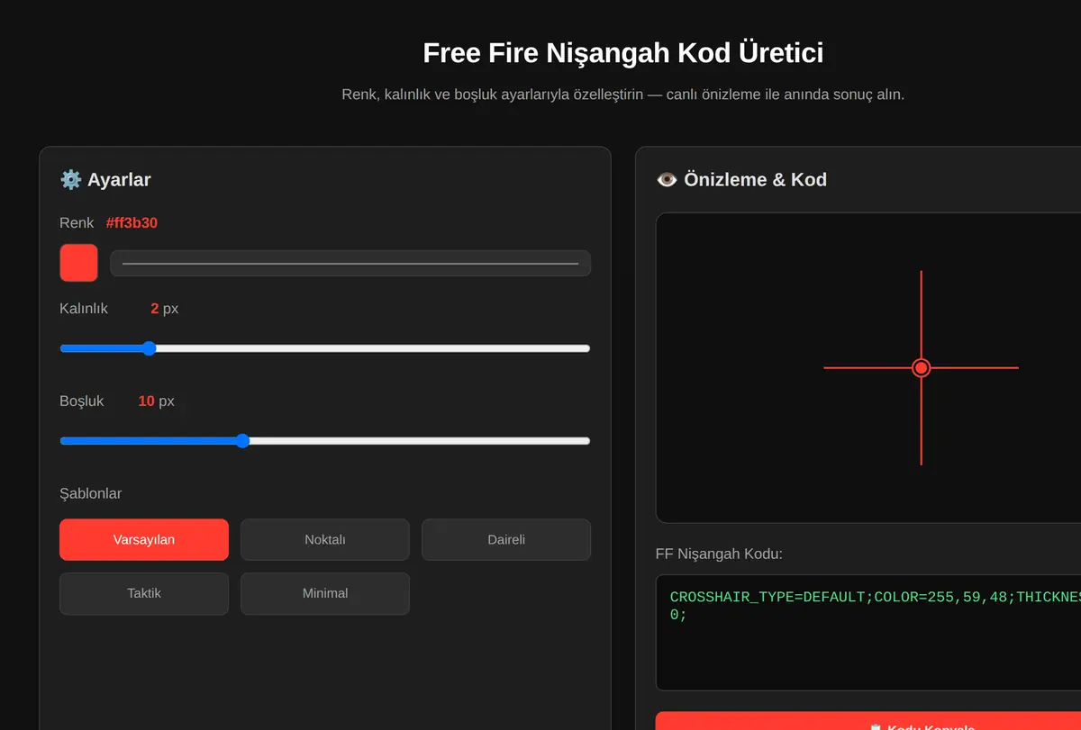 Free Fire Nişangah Kod Üretici ekran görüntüsü