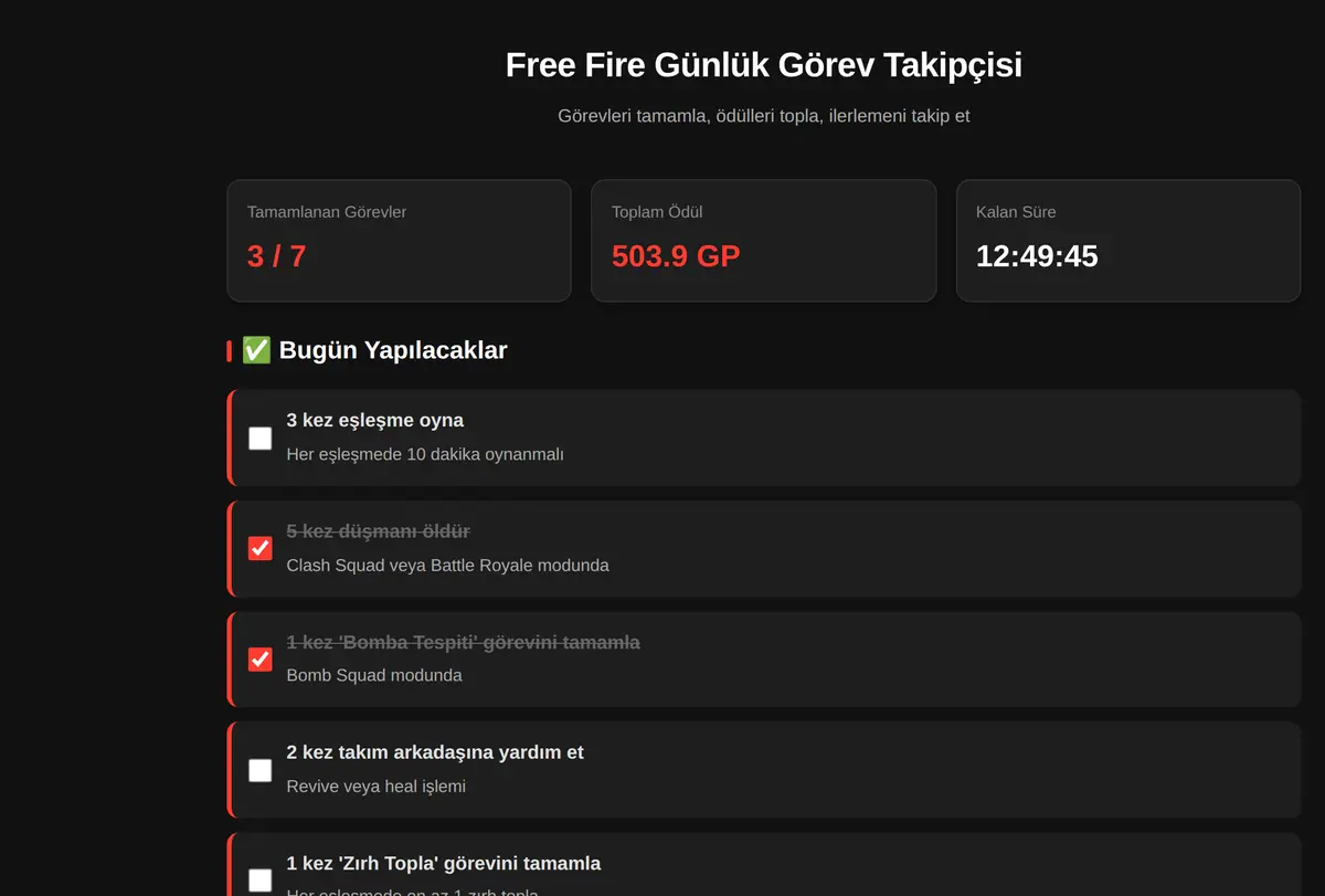 Free Fire Günlük Görev Takipçisi ekran görüntüsü