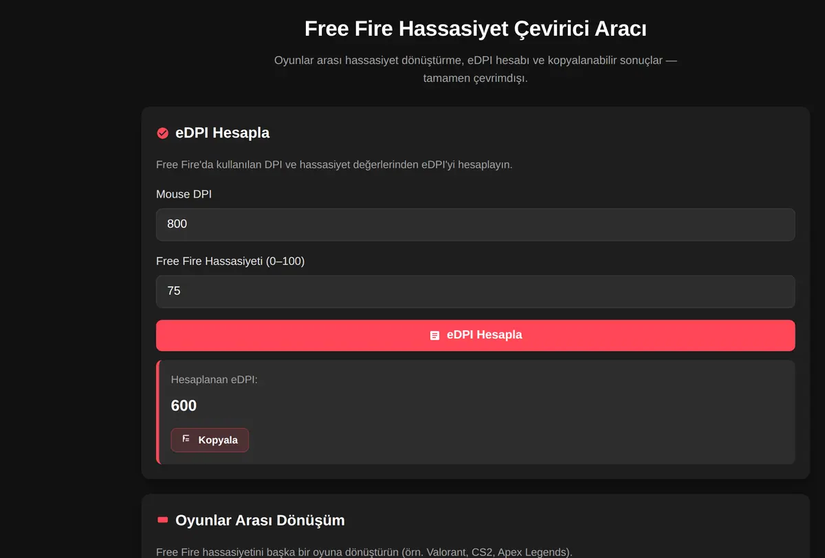 Free Fire Hassasiyet Çevirici Aracı ekran görüntüsü