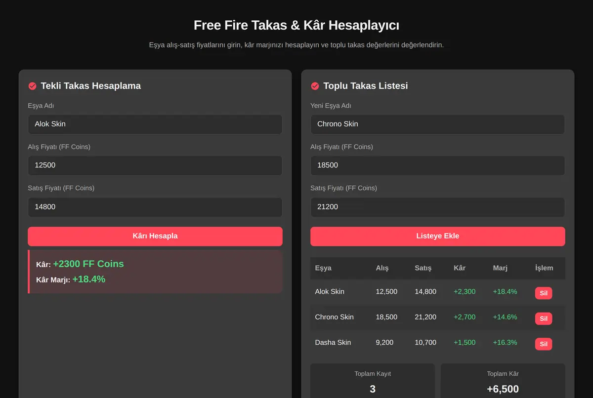 Free Fire Takas & Kâr Hesaplayıcı ekran görüntüsü 2