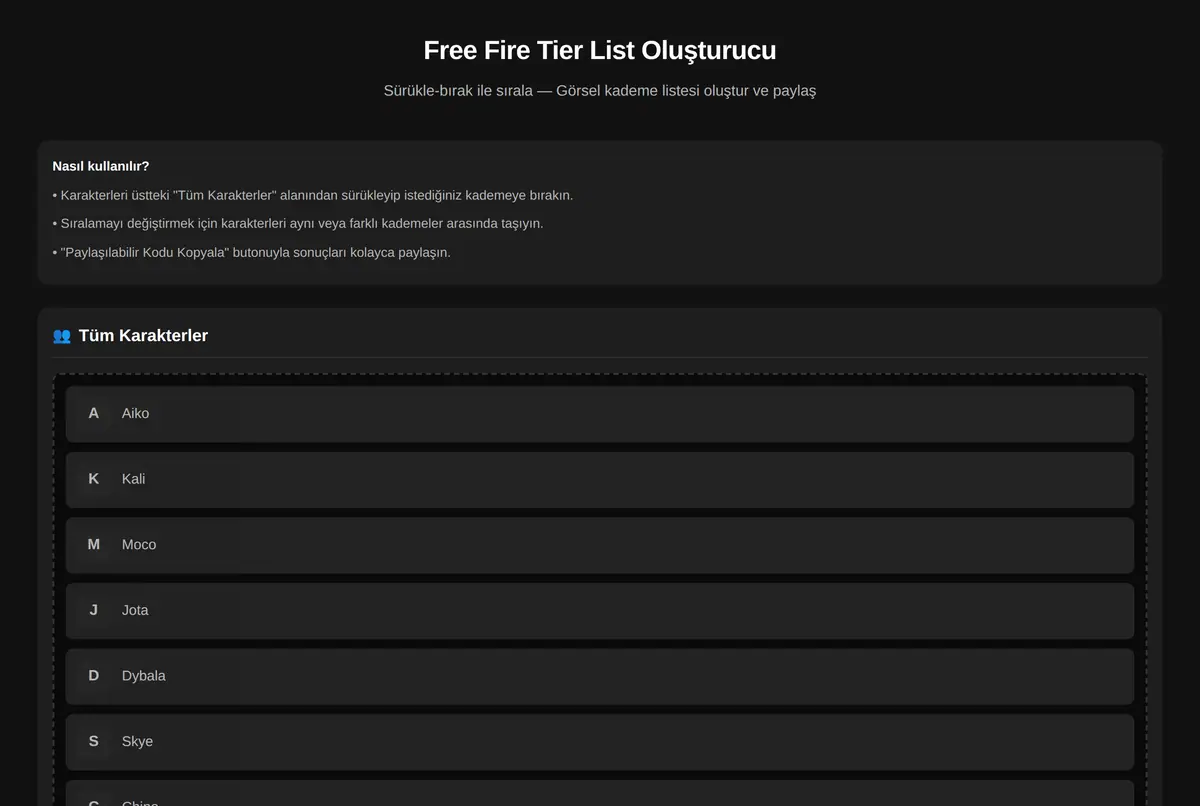 Free Fire Tier List Oluşturucu ekran görüntüsü 2